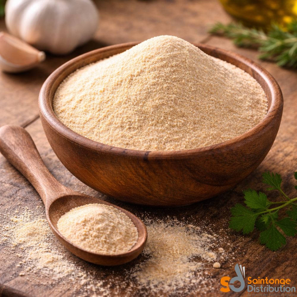 Ail en poudre dans un bol en bois