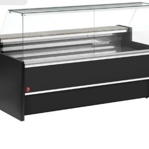 Comptoir vitrine réfrigéré à vitre droite 90 ° , ventilé, avec réserve