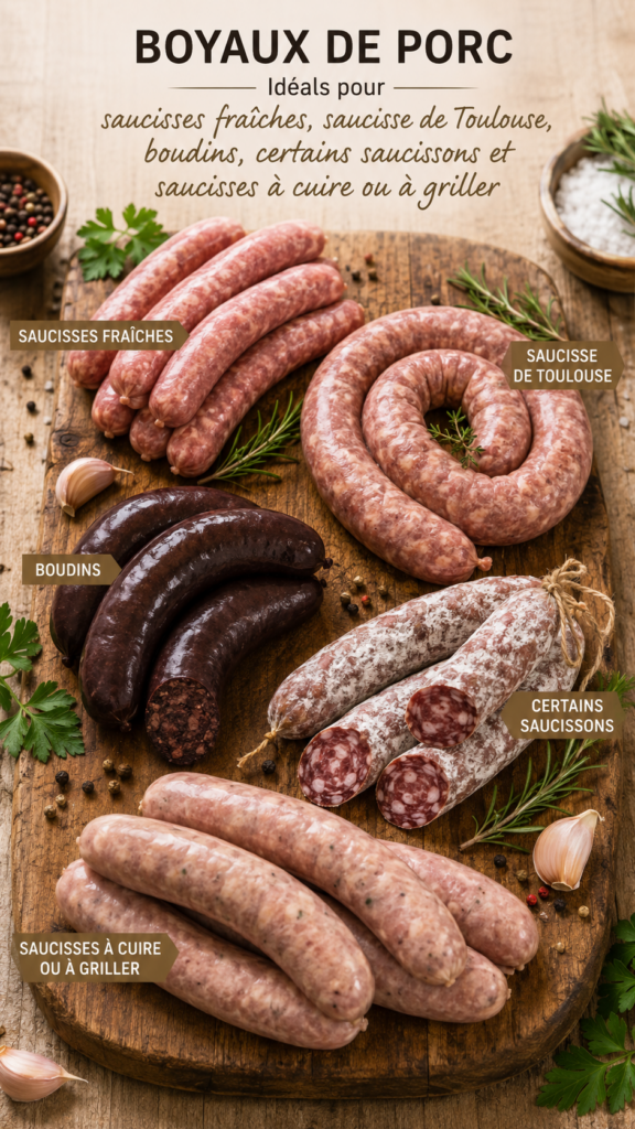 Quel boyau choisir ? Les boyaux de porc, idéals pour : saucisses fraiches, saucisses de Toulouse, boudins, certains saucissons et saucisses à cuire ou à griller