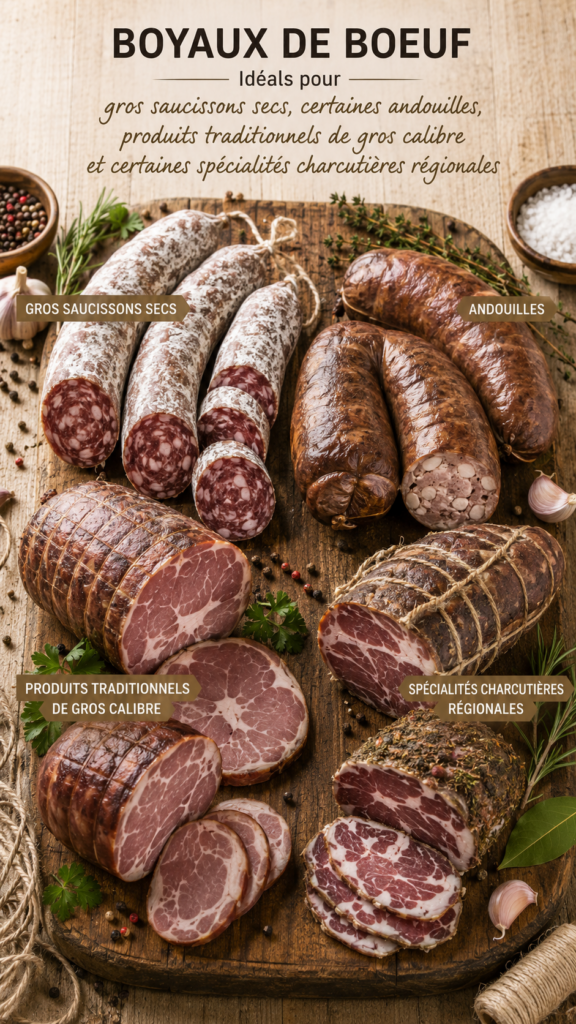 Quel boyau choisir ? Les boyaux de boeuf, idéals pour : gros saucissons secs, certaines andouilles, produits traditionnels de gros calibre et certaines spécialité charcutières régionales